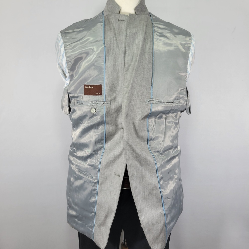 Perry Ellis Men's Sport Coat Blazer Two Button Gray Herringbone Poly Blend 44R - Picture 14 of 15